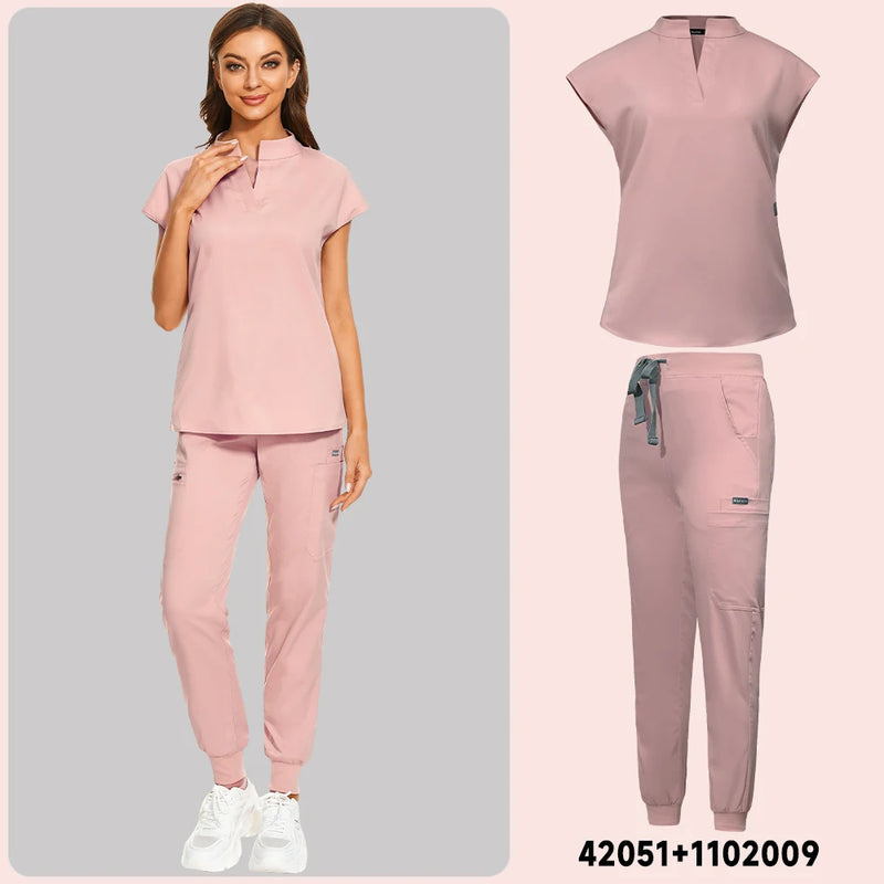 Stand Neck V-Cut Scrub Top & Jogger Pants Scrub Sets