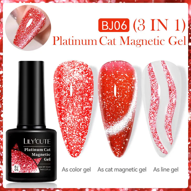 3 IN 1 Platinum Rose Gold Magnetic Gel Nail Polish - Moonlight Magnetic Gel Varnish with Glitter