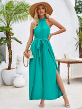 Solid Color Hanging Neck Strap Jumpsuit