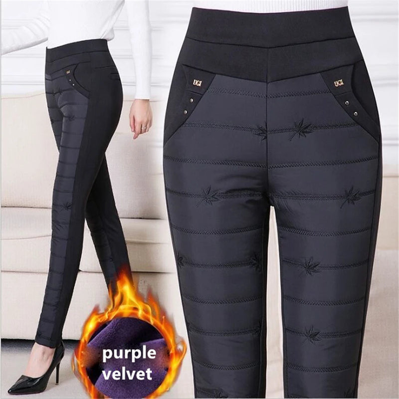 Winter Embroidery Down Cotton Slim Pencil Pants