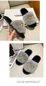 Fluffy Fur Slippers - Fashion Chain Design Women Home Slippers