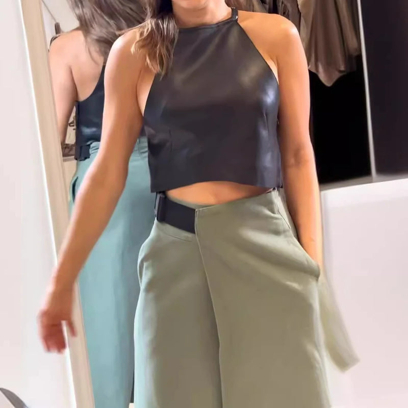 PU Crop Top with Straight Irregular Long Skirt