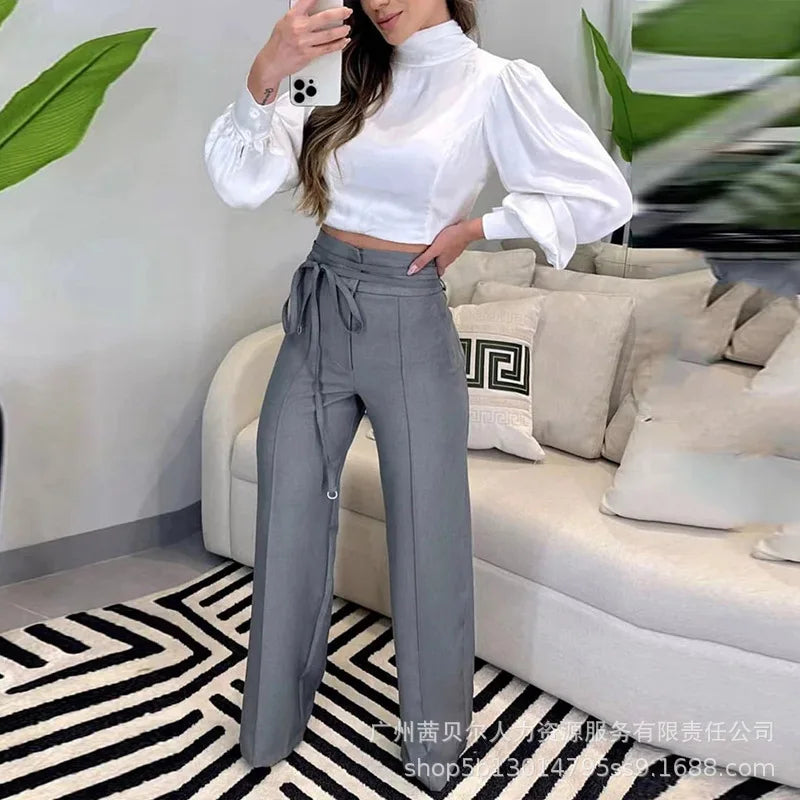 Grey High Waist Strap Casual Commuter Suit Pants