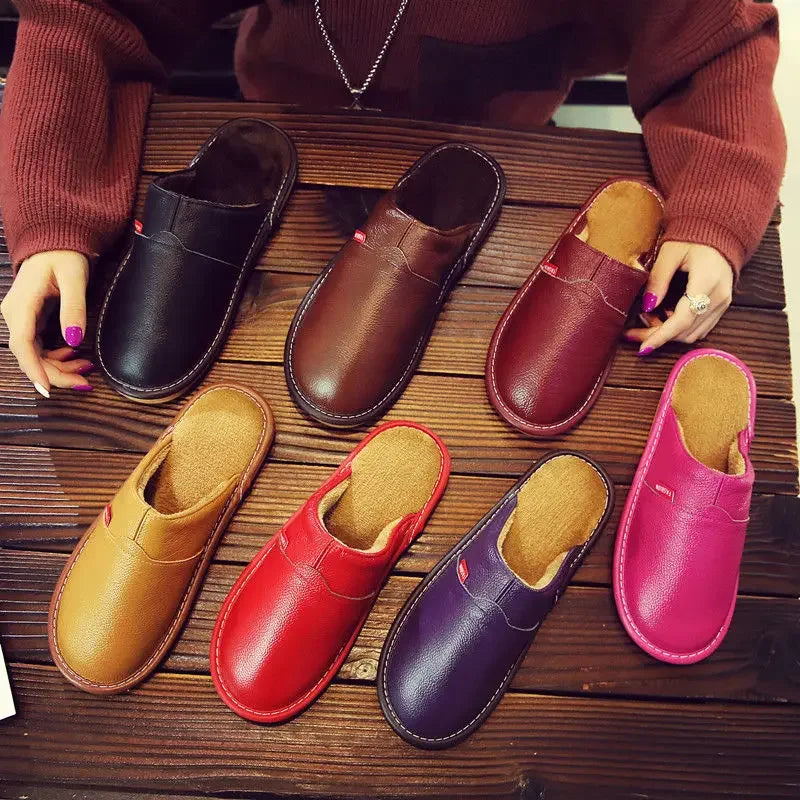 Winter Indoor Warm Lovers Thick Wool Anti-Skid Leather Slippers