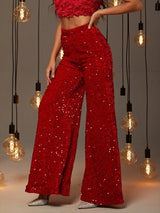 Women’s Casual Loose Wide Leg Pants – Elastic Band High Waist Sequin Trousers