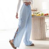 Women's Plaid Stripe with Side Ties Wide Leg Lounge Pants – Summer Casual Pajama Pants