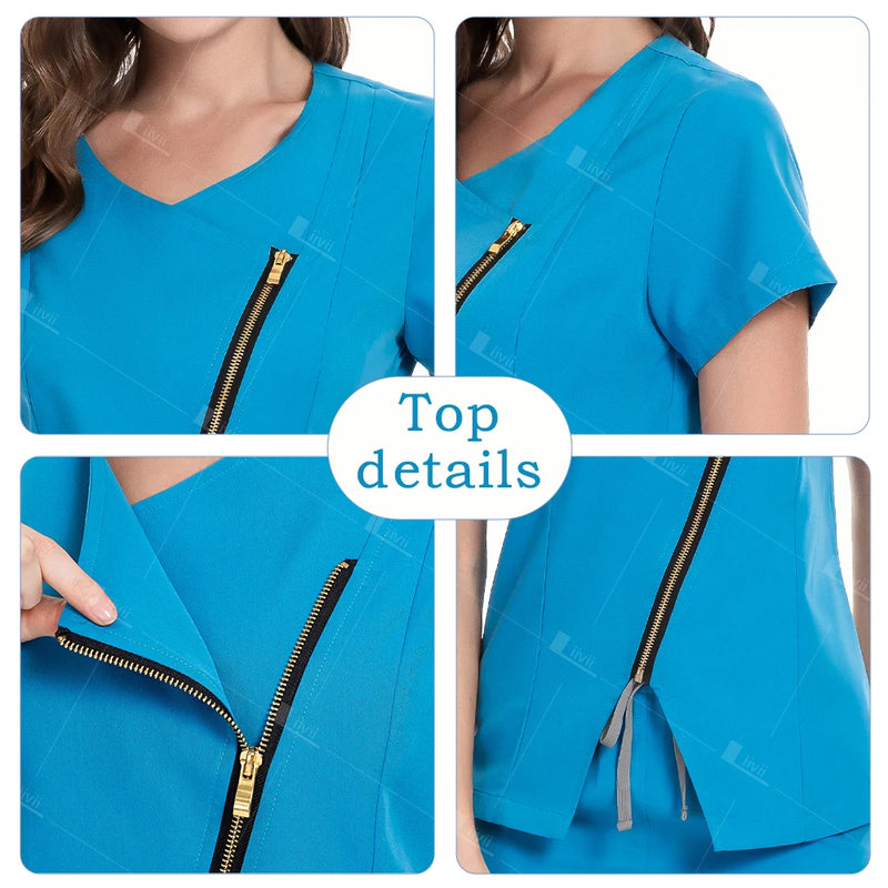 Medical Scrubs Set: Zippered Top with Tapered Leg Pants