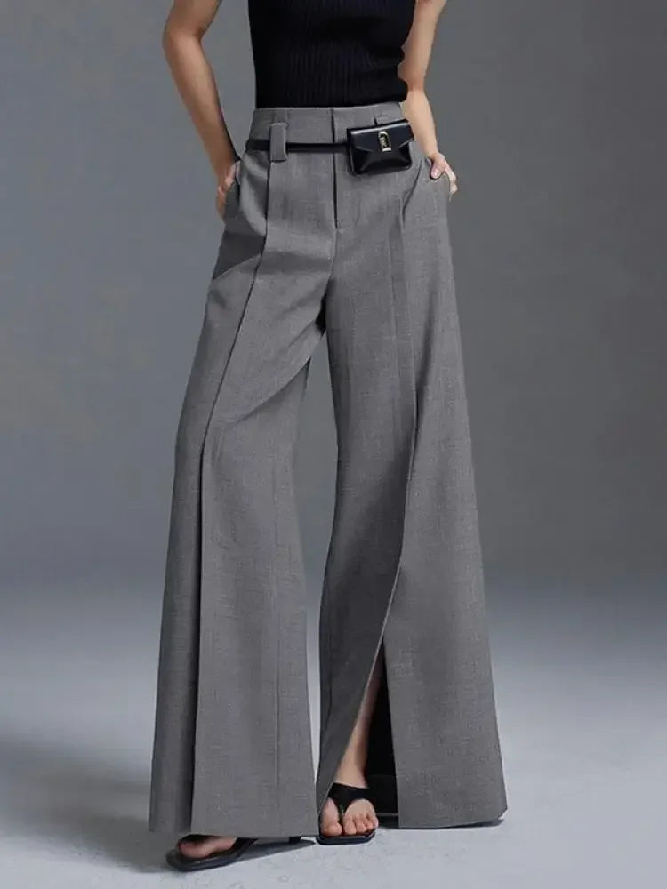 Grey Trousers Loose High Waisted Split-Front Pleated Wide Leg Classic Pants