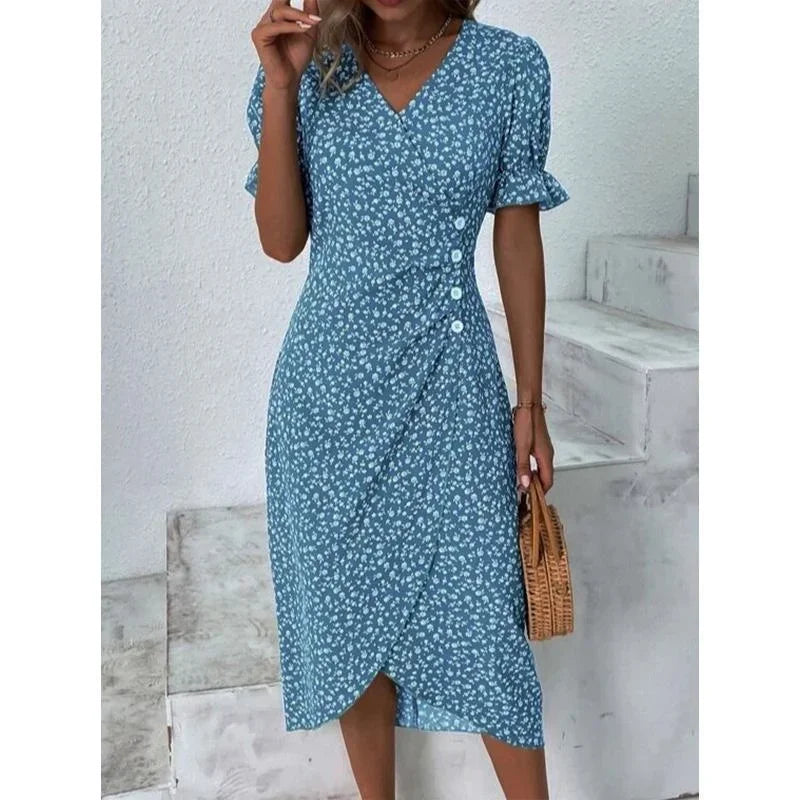 Elegant Floral Pleated H shaped Midi Dress