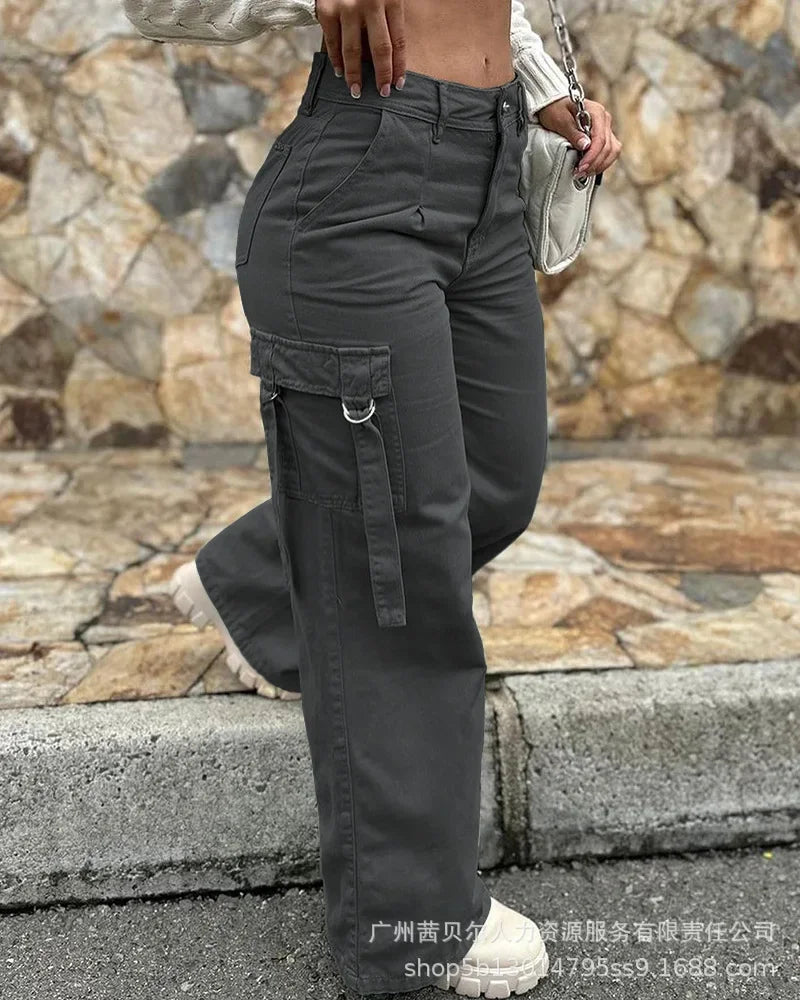 Fashion Army Green Casual Straight Leg Cargo Pants for Women