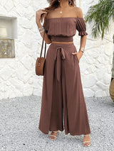 Solid Color Crop Top Wide Leg Pants Set