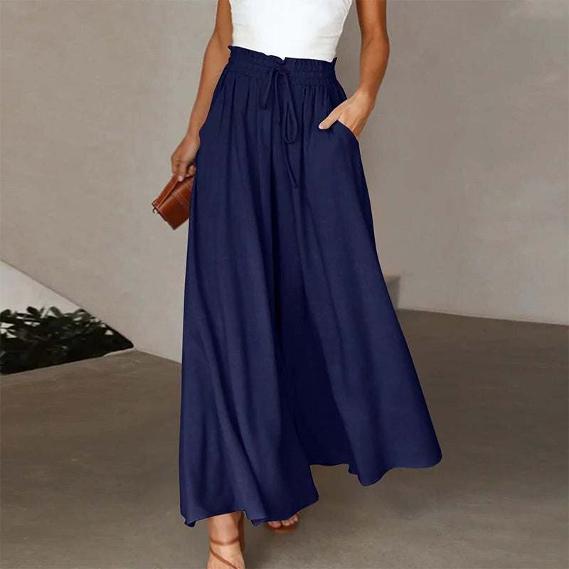 Casual Bandage Wide Leg Skirt Pants – Women's Elastic Waist Solid Color Culottes with Pockets