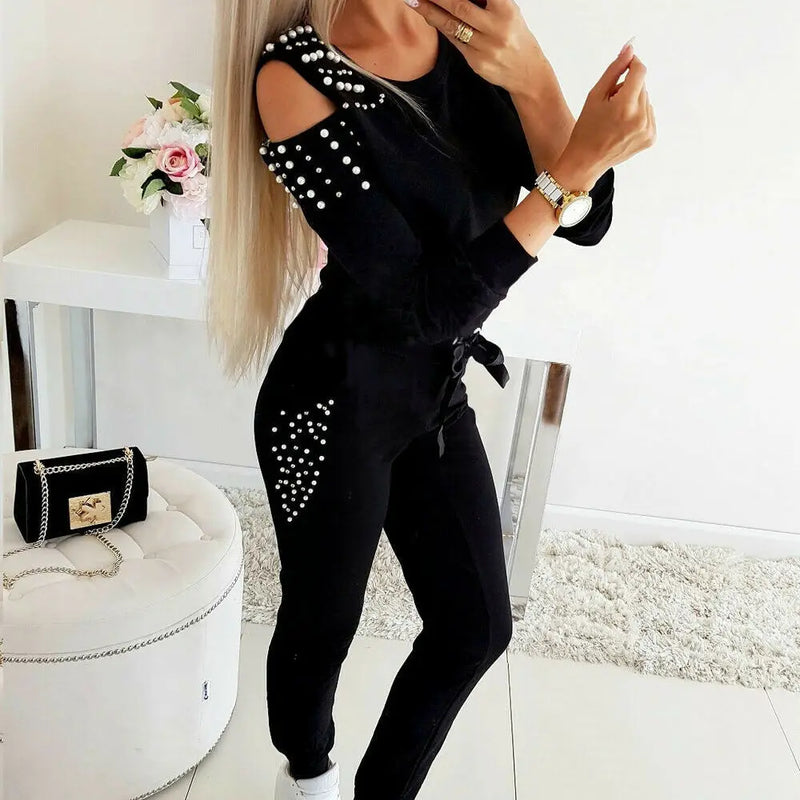 Nail Bead Pure Color Round Collar Hollow-Out Shoulder Sleeve with Ankle Pants Set