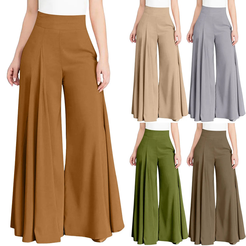 Pleated High Waist Elastic A-Line Palazzo Trousers