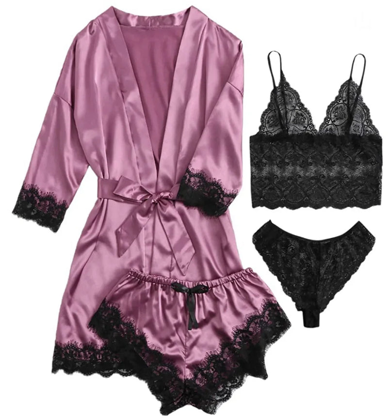 Lace Camisole, Shorts, and Robe Pajama Set