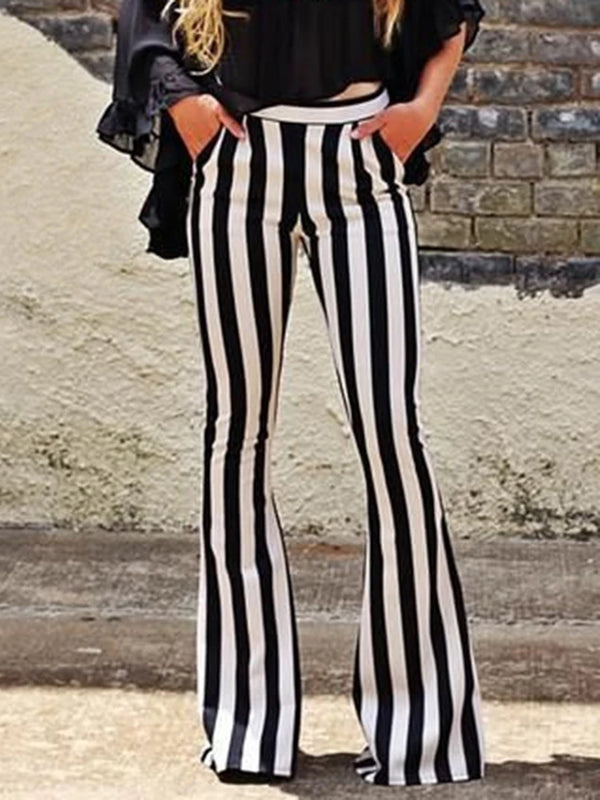 Black & White Striped Printed High Waist Casual Wide Leg Trousers