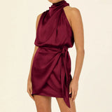 Satin Turtleneck Tie Waist Wrap Mini Dress