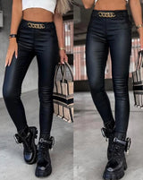 Women's High Waist Buttoned PU Leather Skinny Pants