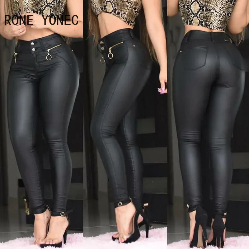 PU Leather Zipper Waist Skinny Pencil Pants