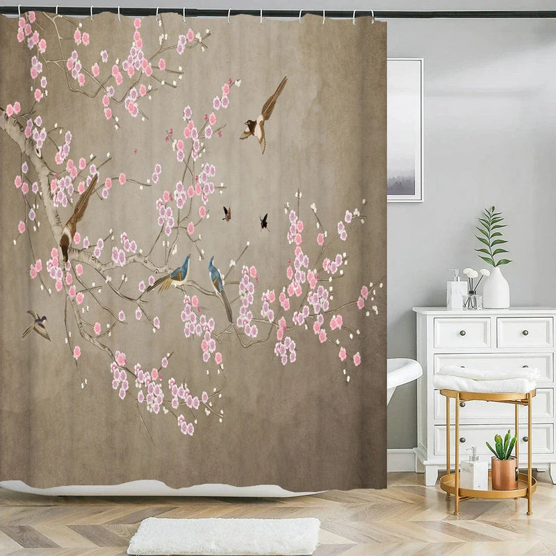 Chinese Style Flower and Birds Tree Shower Curtain