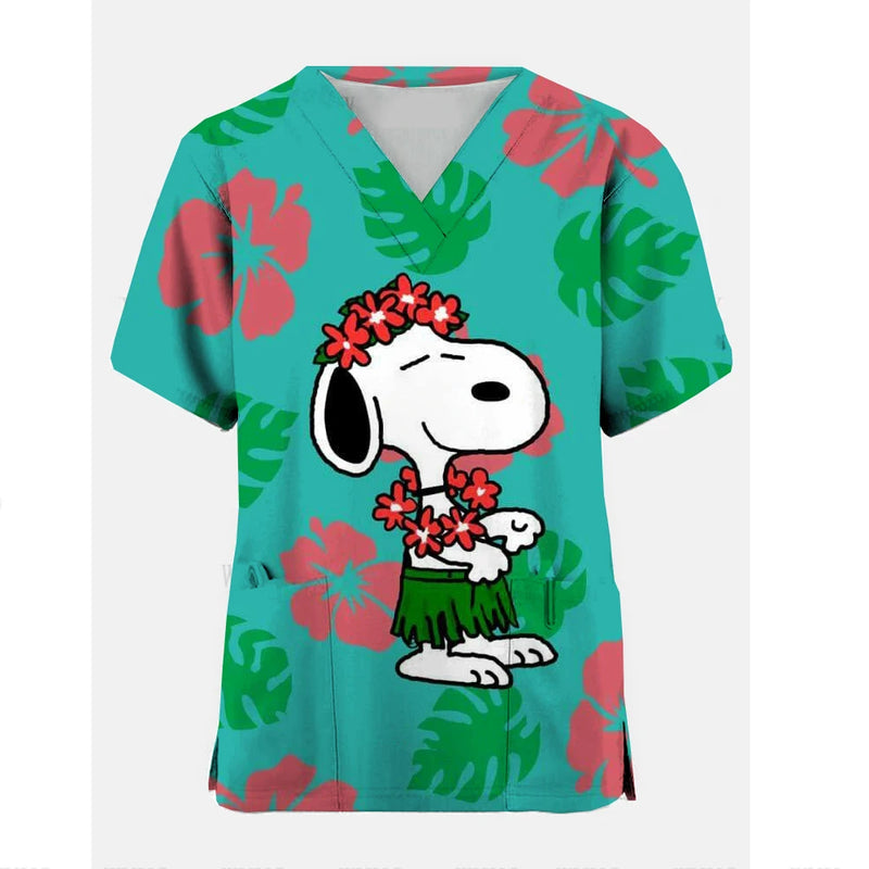 Snoopy Cartoon Print Scrub Tops