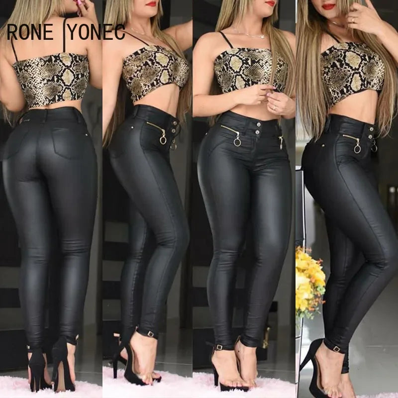 PU Leather Zipper Waist Skinny Pencil Pants