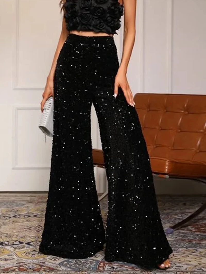 Women’s Casual Loose Wide Leg Pants – Elastic Band High Waist Sequin Trousers