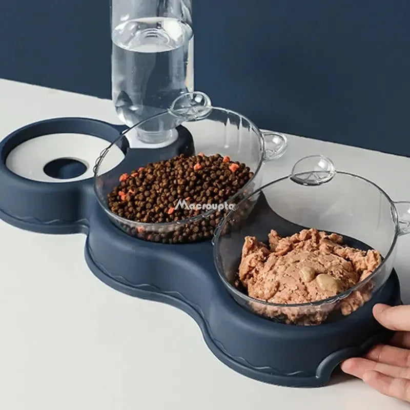 Pet Cat Bowl Automatic Feeder 3-in-1 Dog & Cat Food Bowl with Water Fountain