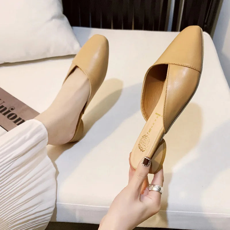 Nude White Square Low Heels Slides