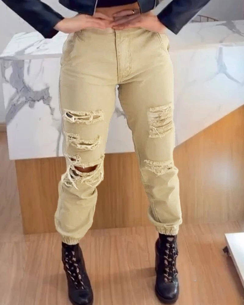 Hollow Out Pocket Design Casual High Waist Long Cuffed Cargo Pants