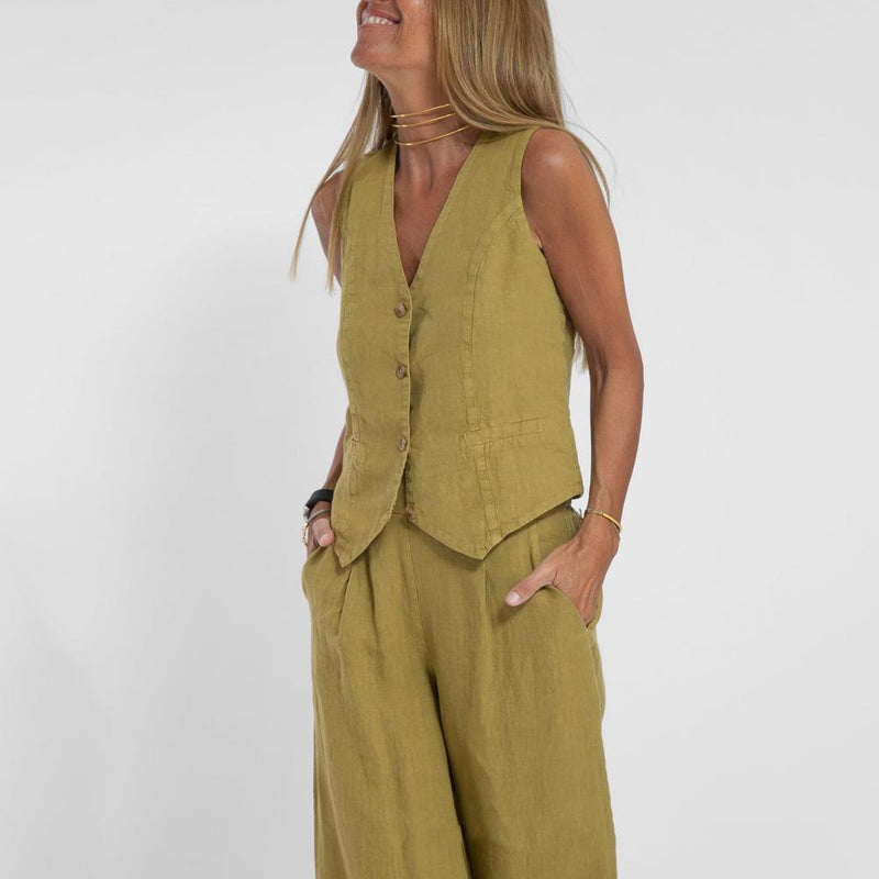 Cotton Linen Long Pants Sleeveless Vest Set