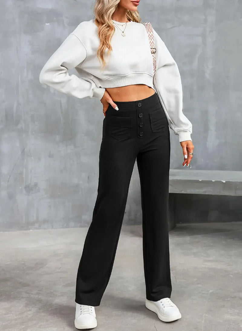 Fashionable New Women's Straight-leg Casual Pants - High-waisted, Buttoned, Elastic Waist with Multiple Pockets