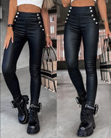 Women's High Waist Buttoned PU Leather Skinny Pants