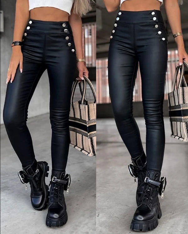 Women's High Waist Buttoned PU Leather Skinny Pants