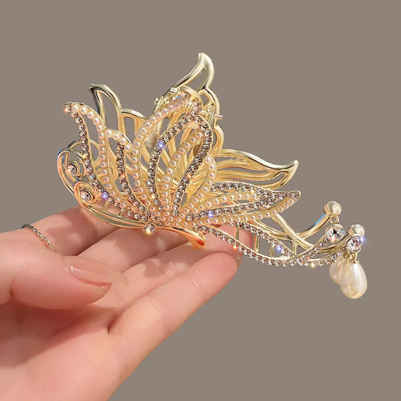 Butterfly Fashion Hair Claw: Rhinestone Pearls Hair Clip