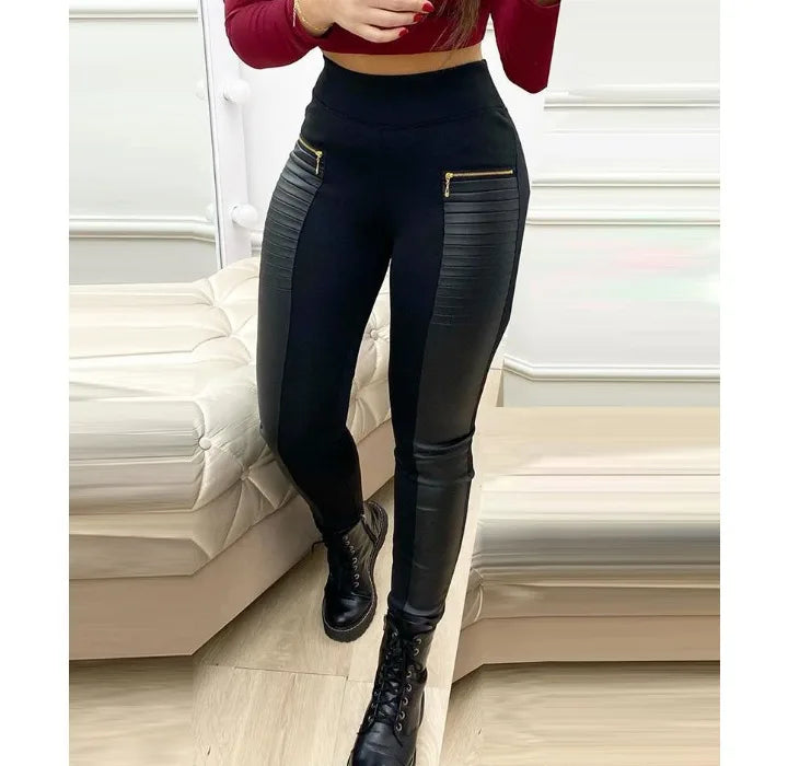 High-Waisted, Elegant Leather Casual Trousers