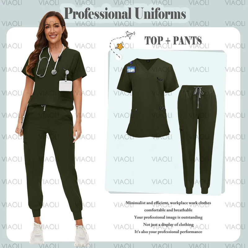 Women's Scrubs Uniform Set: Short Sleeve, V-neck Tops + Jogger Pants Set