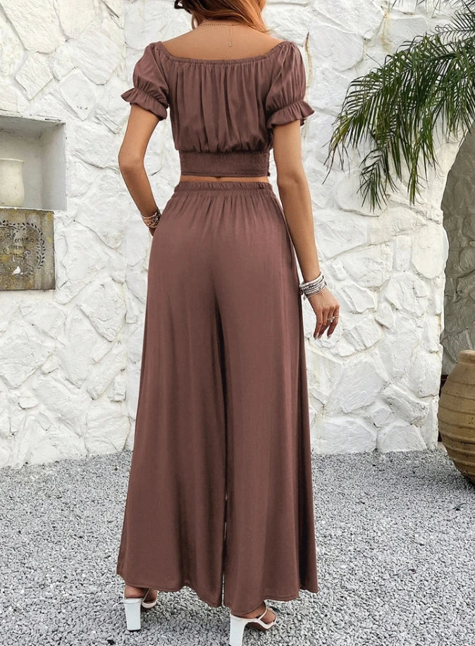 Solid Color Crop Top Wide Leg Pants Set