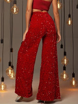 Women’s Casual Loose Wide Leg Pants – Elastic Band High Waist Sequin Trousers