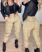 Hollow Out Pocket Design Casual High Waist Long Cuffed Cargo Pants