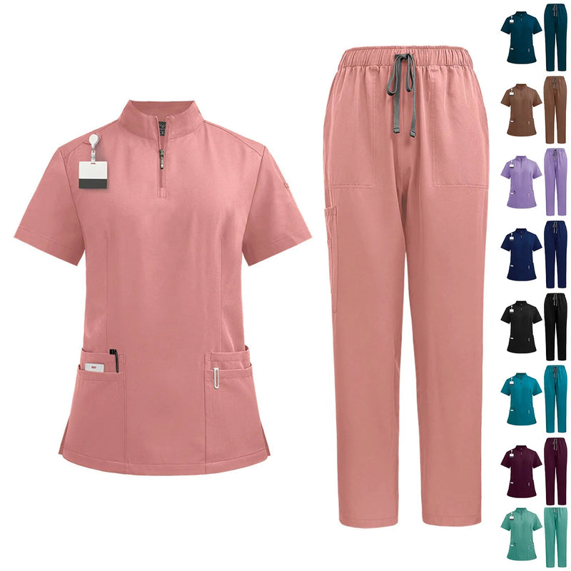 Stand-Up Collar Zipper Pocket Scrub Set