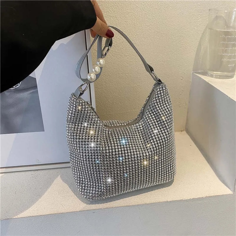 Luxury Evening Bag with Silver Rhinestones