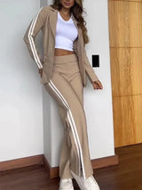 Fashion Lapel Blazer & Striped Side-Split Trousers Two-Piece Set