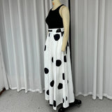 Office Chic Solid Sleeveless Round Neck Vest Top Loose Polka Dot Printed Long Skirt Set