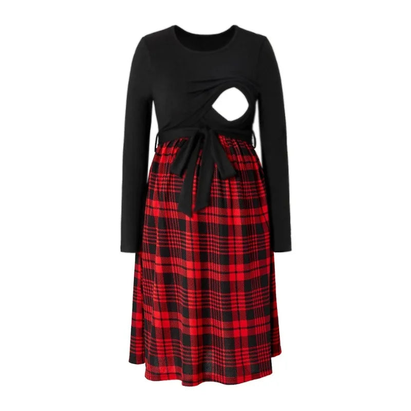 Plaid Long Sleeve Loose Fit Maternity Dress