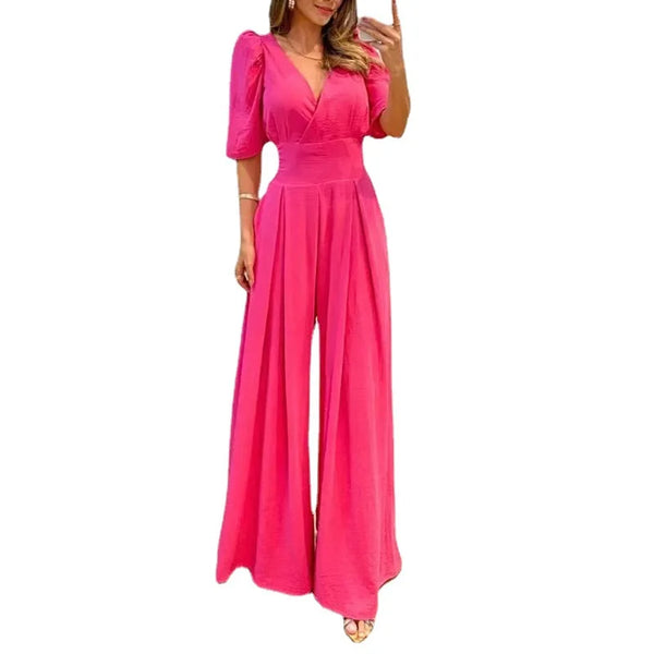 V-neck Short Sleeve High Waist - Wide Leg  Trousers