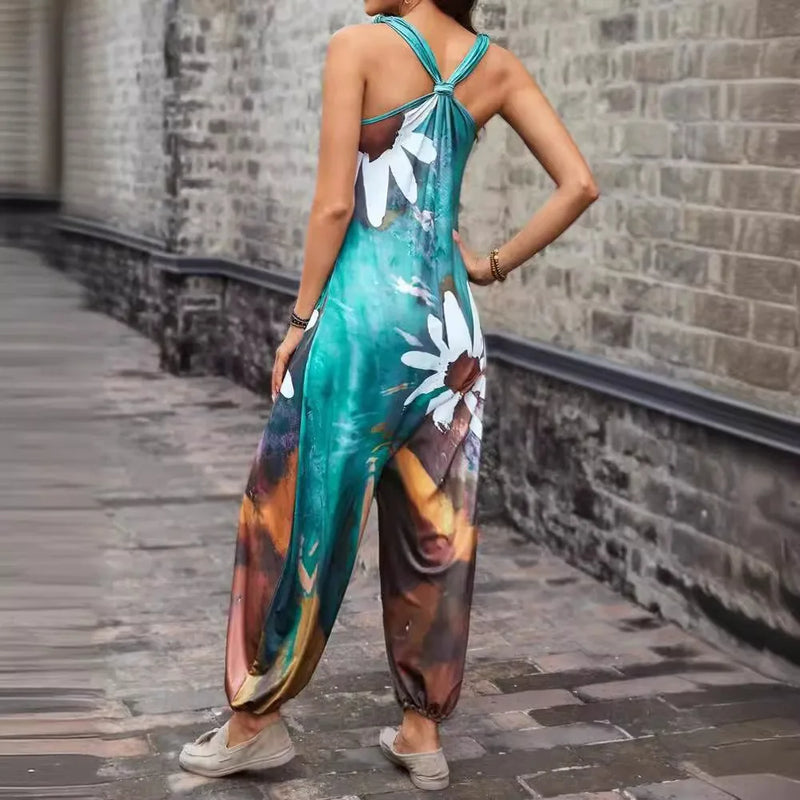 Fashion Printed Sleeveless V-neck jumpsuit