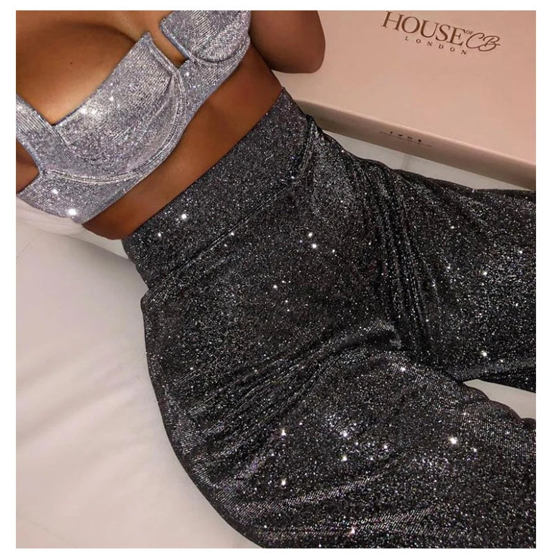 Fashionable High Waist Loose Wide Leg Sparkle Legs Casual Straight Pants