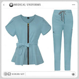 Women's Nursing Scrubs Sets - Zippered Top with Belt and Tapered Leg Pants