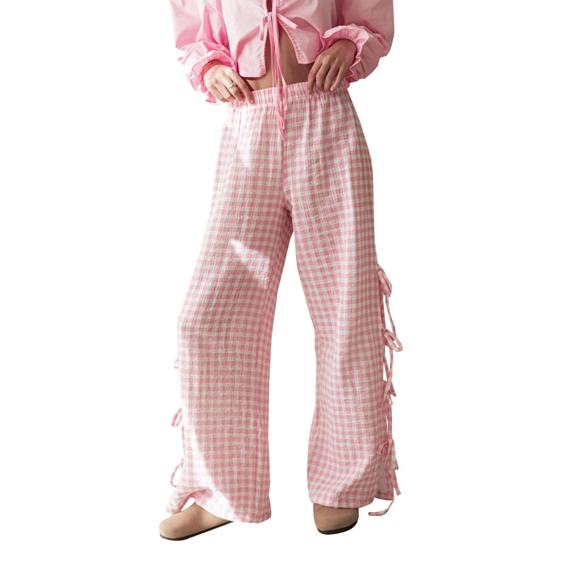 Women's Plaid Stripe with Side Ties Wide Leg Lounge Pants – Summer Casual Pajama Pants